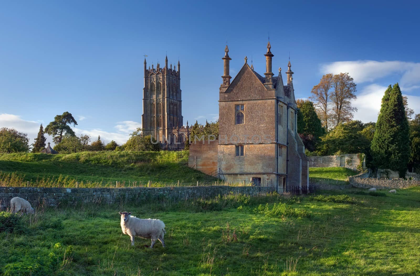 The historic Banqueting Hall and church at Chipping Campden, Gloucestershire, England.