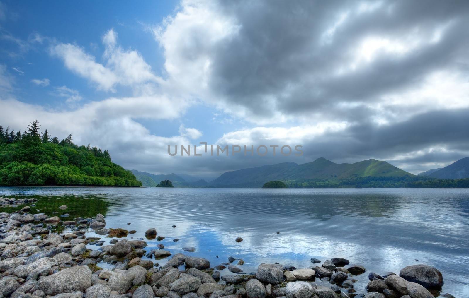 Summertime at Derwent Water near the Cumbrian town of Keswick, the Lake District, England.