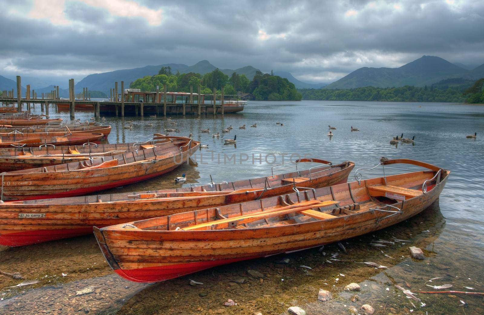 Rowing boats on Derwent Water, Keswick, the Lake District, Cumbria, England.