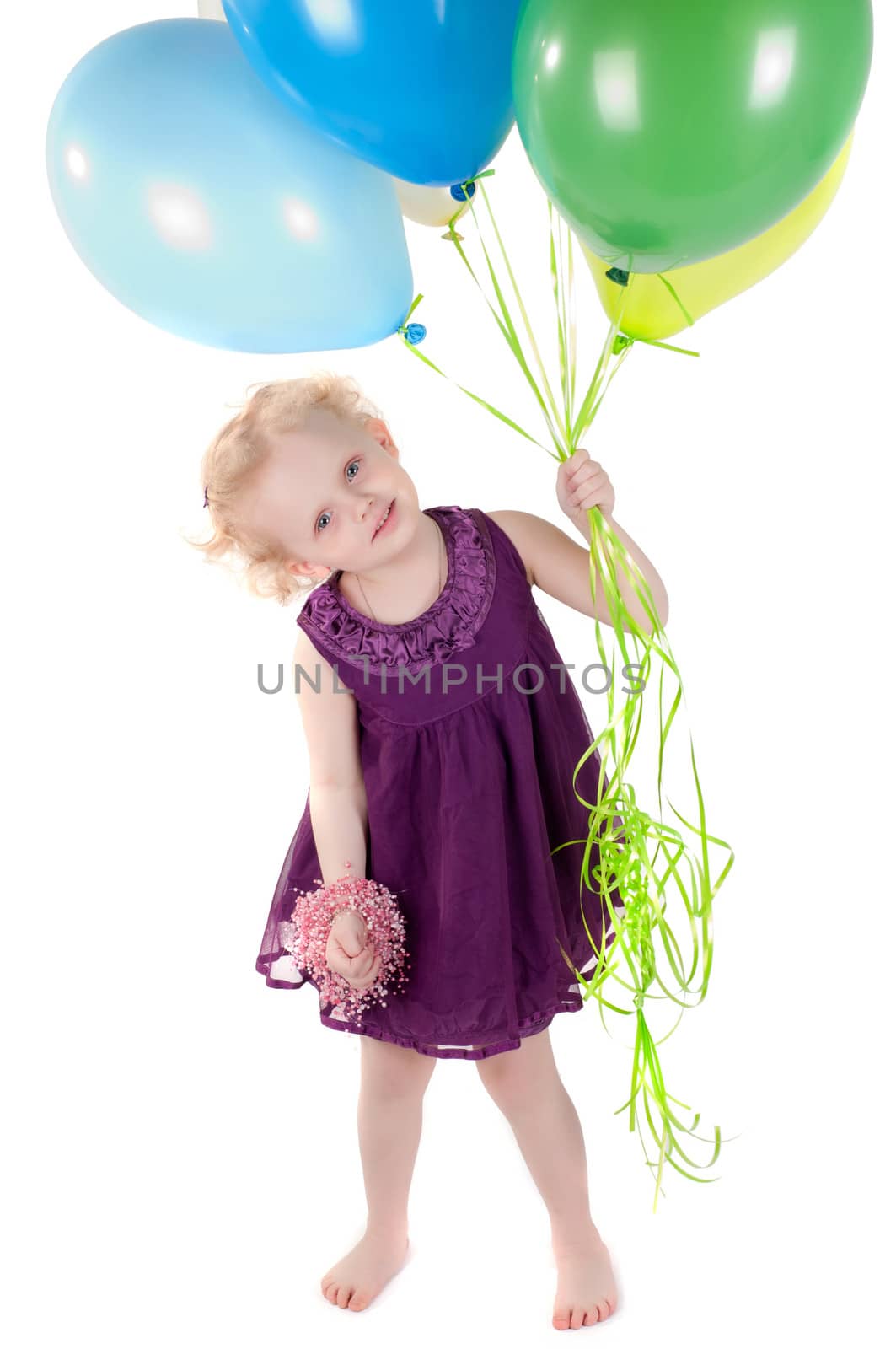 Shot little cute girl in dress with air balloonsisolated on white