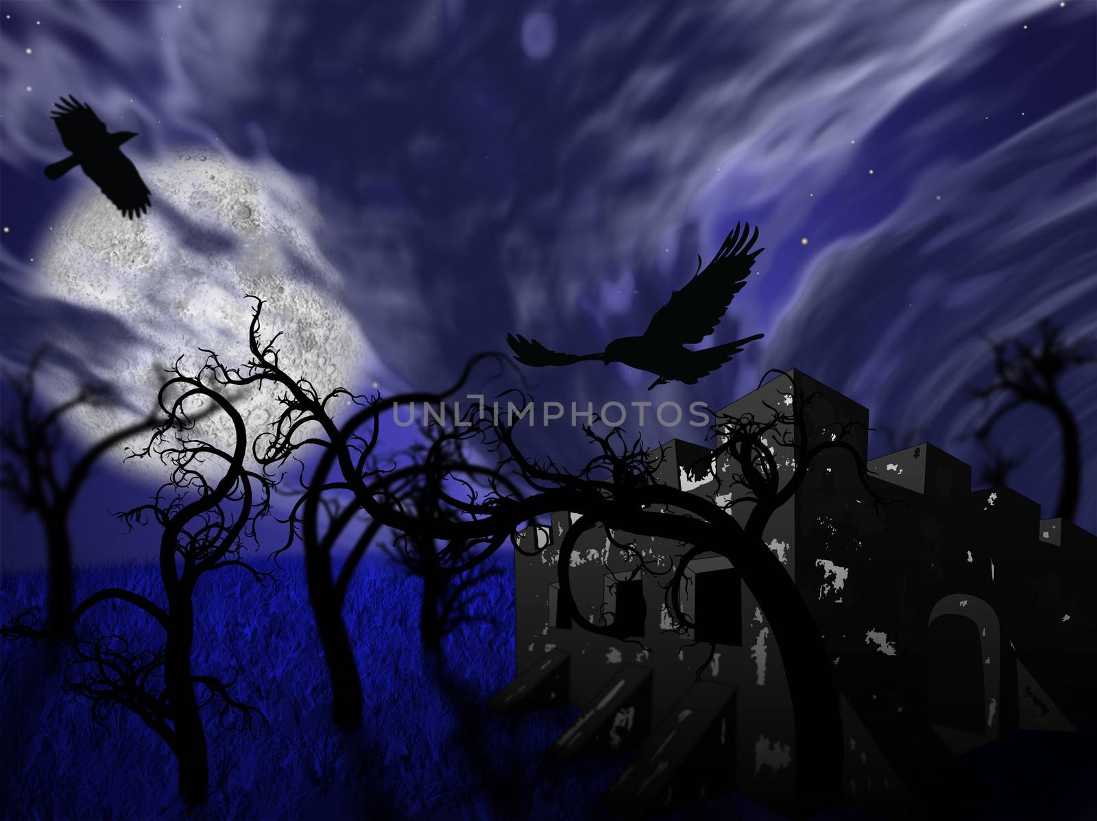 Illustration of night forest with full moon, castle and ravens by ankarb