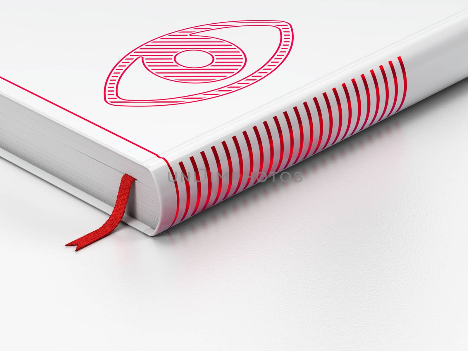 Security concept: closed book with Red Eye icon on floor, white background, 3d render