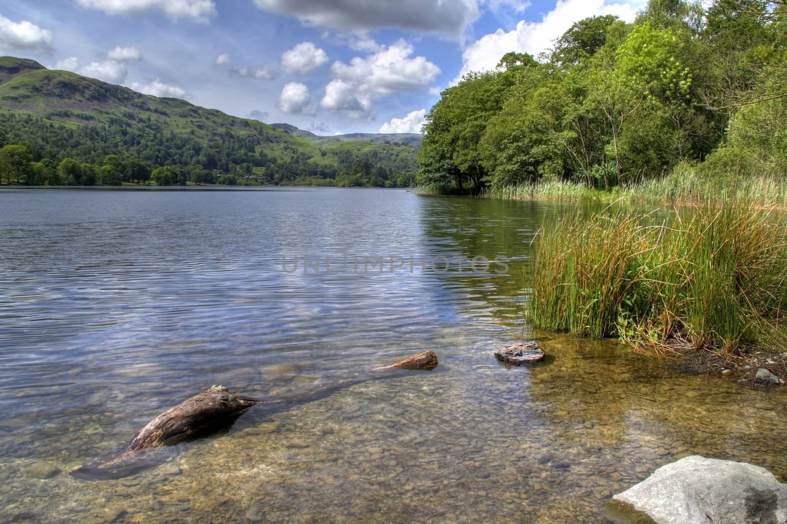 The clear waters at Grasmere, the Lake District, Cumbria, England.
