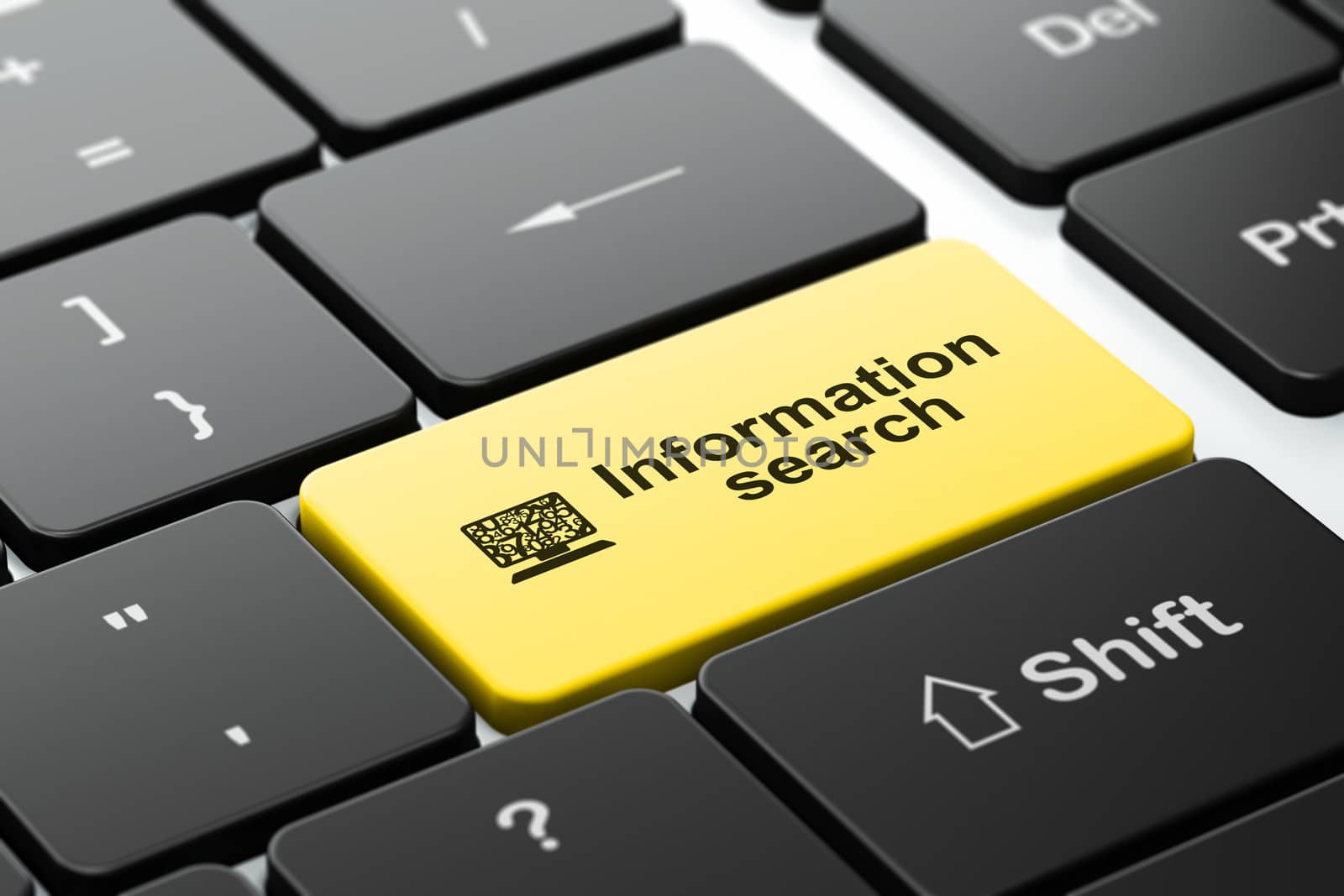 Information concept: computer keyboard with Computer Pc icon and word Information Search, selected focus on enter button, 3d render