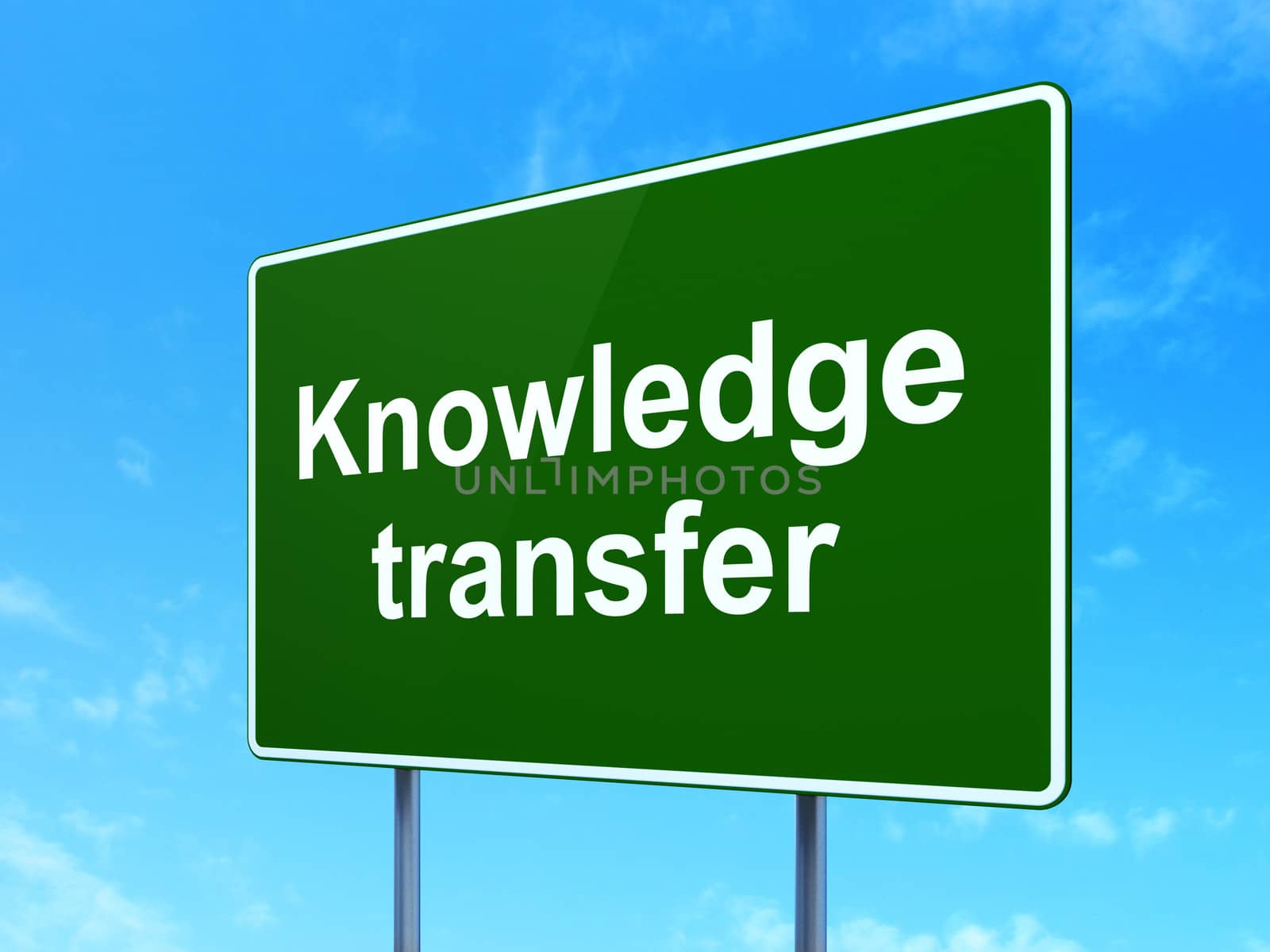 Education concept: Knowledge Transfer on green road (highway) sign, clear blue sky background, 3d render