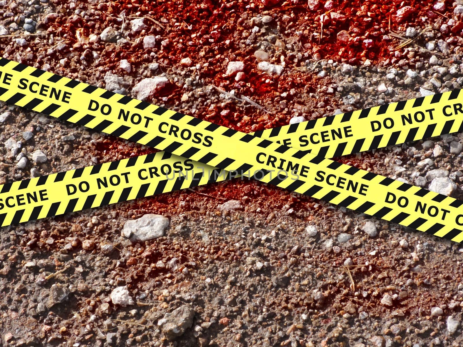 Illustration of blood soaked ground with crime scene tape
