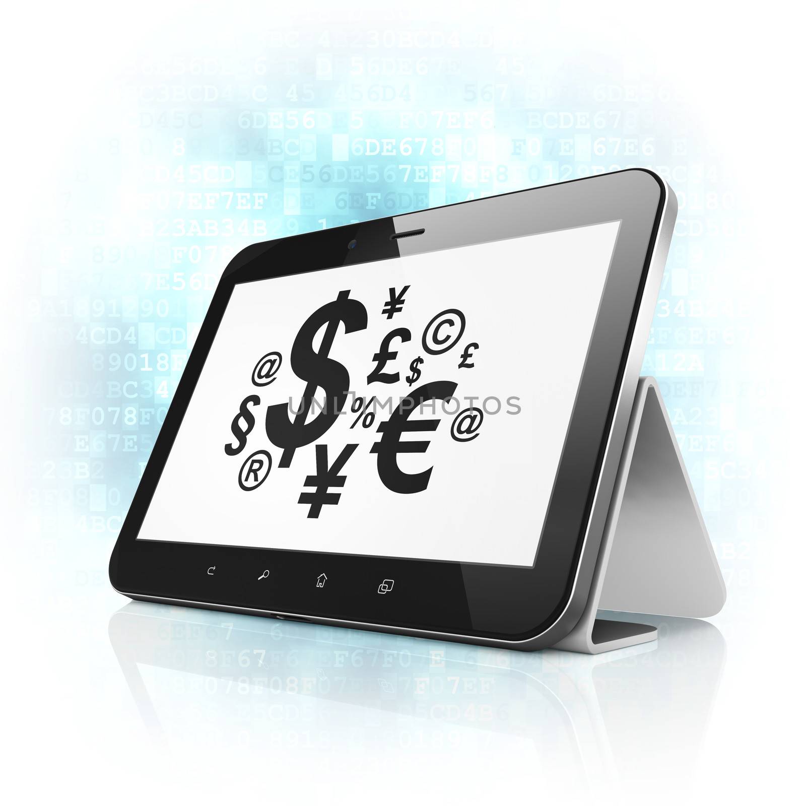 Marketing concept: black tablet pc computer with Finance Symbol icon on display. Modern portable touch pad on Blue Digital background, 3d render