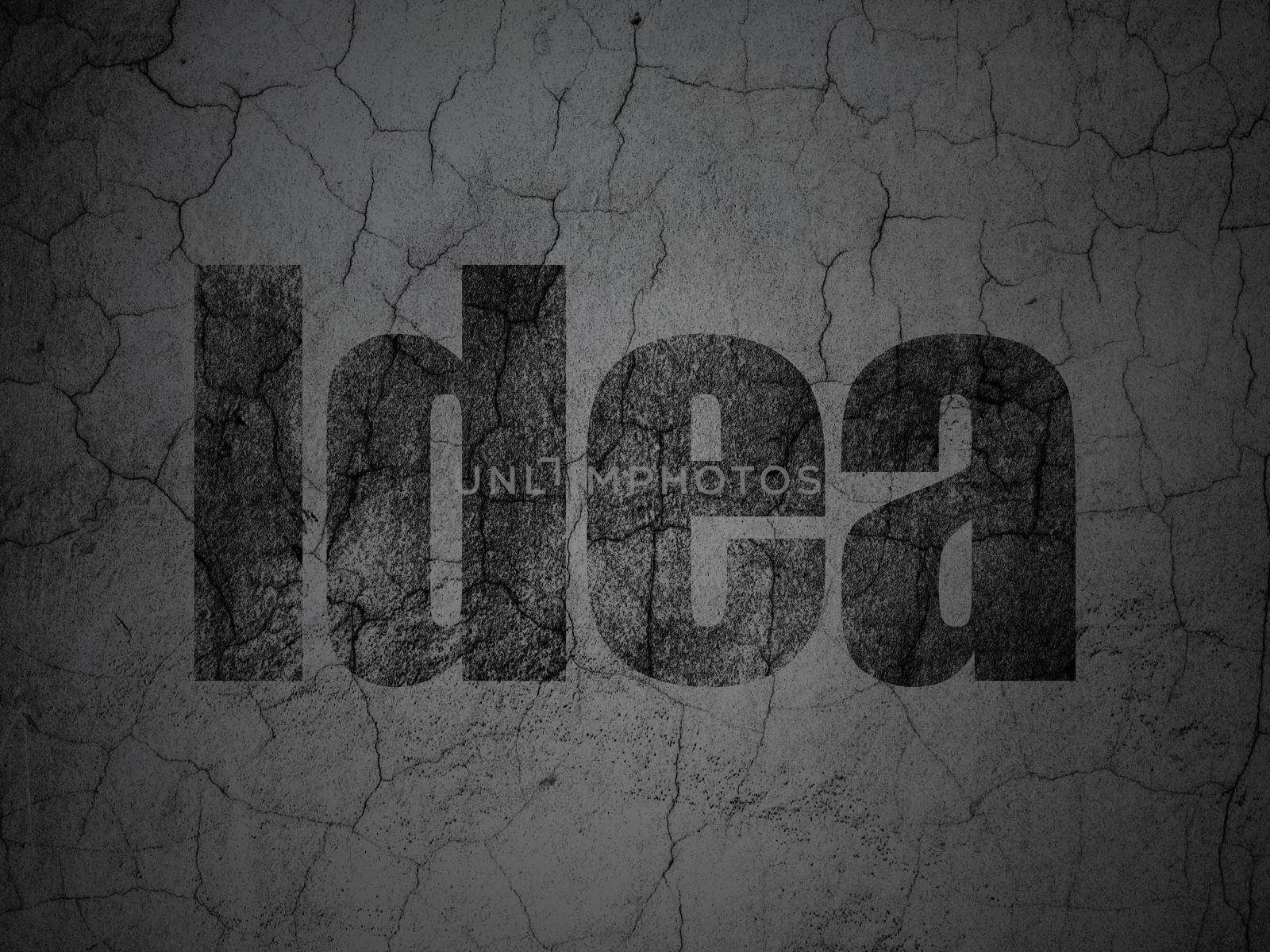 Advertising concept: Black Idea on grunge textured concrete wall background, 3d render