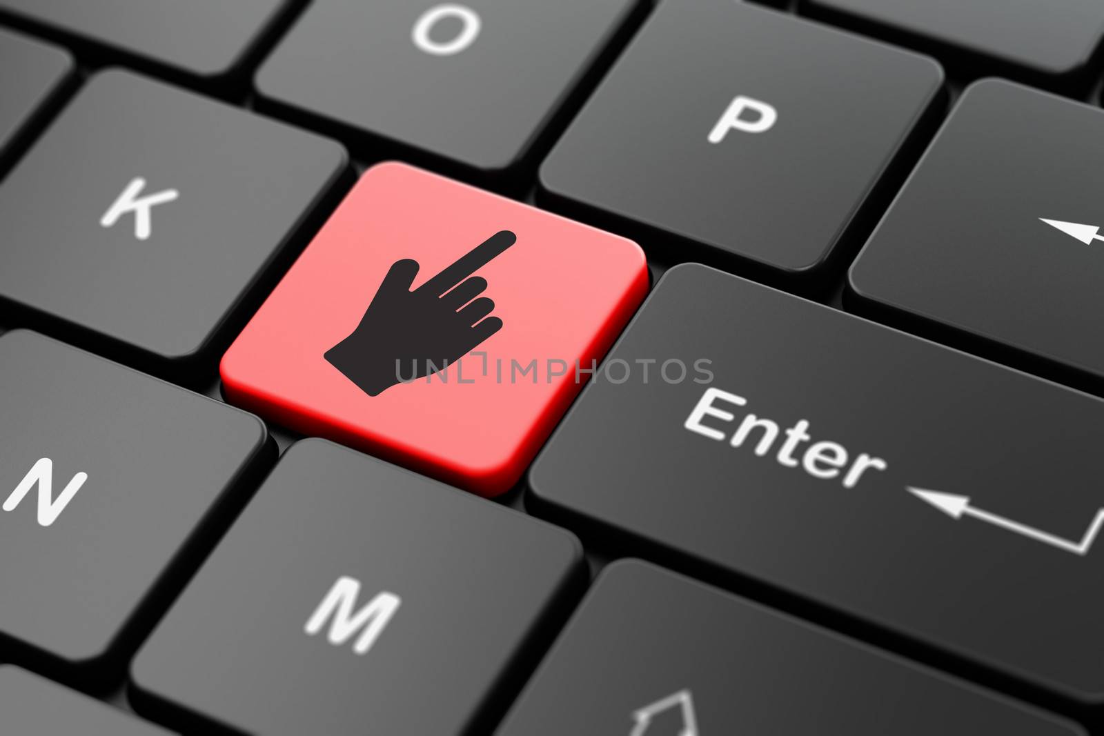 Web development concept: computer keyboard with Mouse Cursor icon on enter button background, 3d render