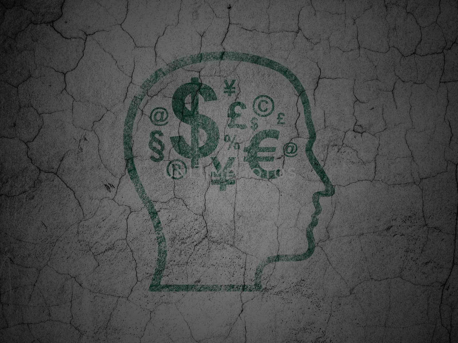 Business concept: Green Head With Finance Symbol on grunge textured concrete wall background, 3d render