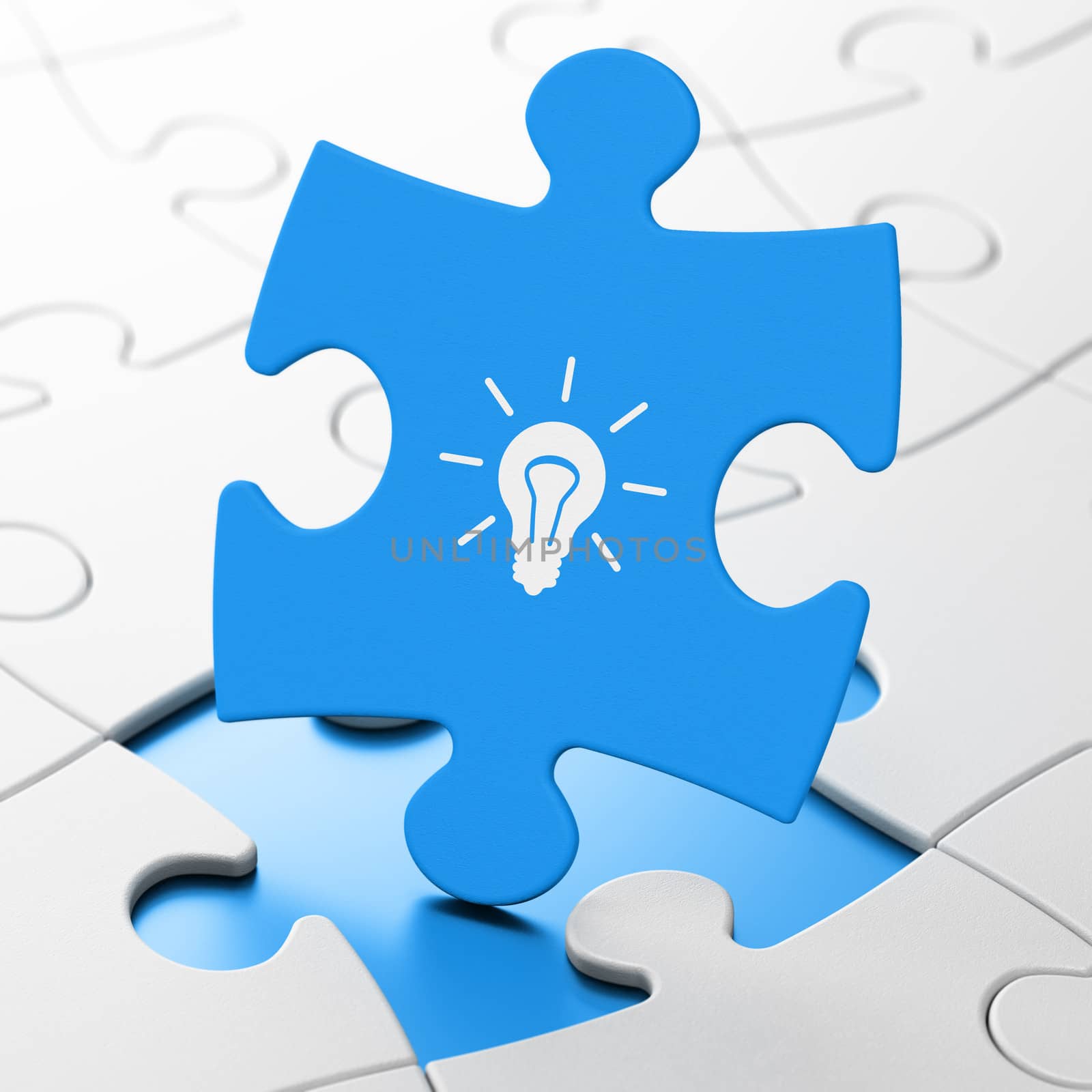 Finance concept: Light Bulb on Blue puzzle pieces background, 3d render
