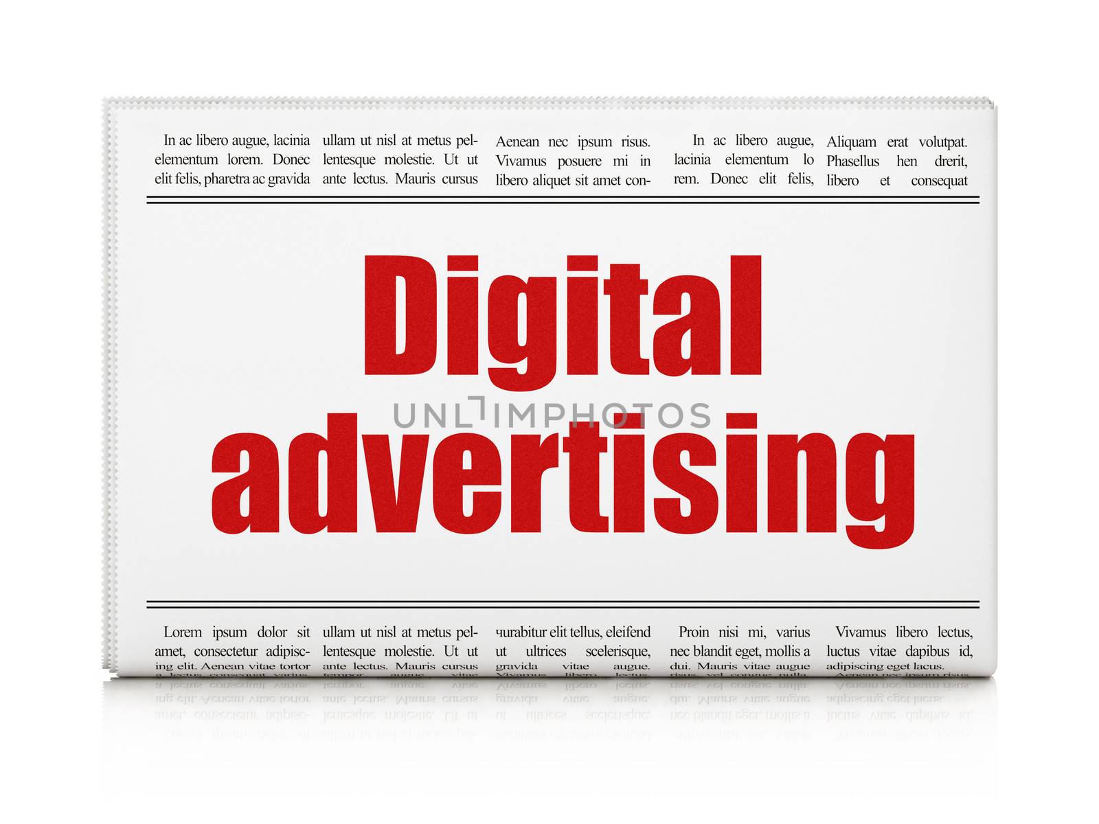 Advertising concept: newspaper headline Digital Advertising on White background, 3d render