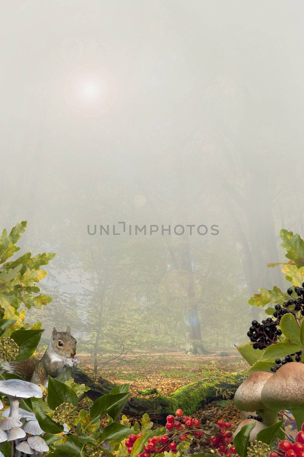 Autumn background with squirrel, berries and other flora set in a misty beech wood.
