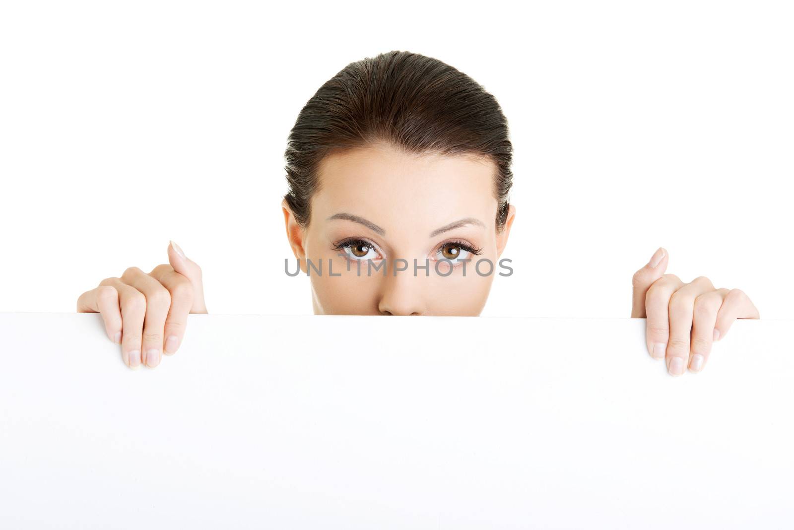 Portrait young happy woman with blank board , isolated on white