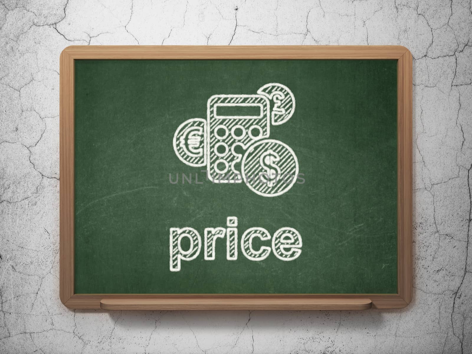 Marketing concept: Calculator icon and text Price on Green chalkboard on grunge wall background, 3d render