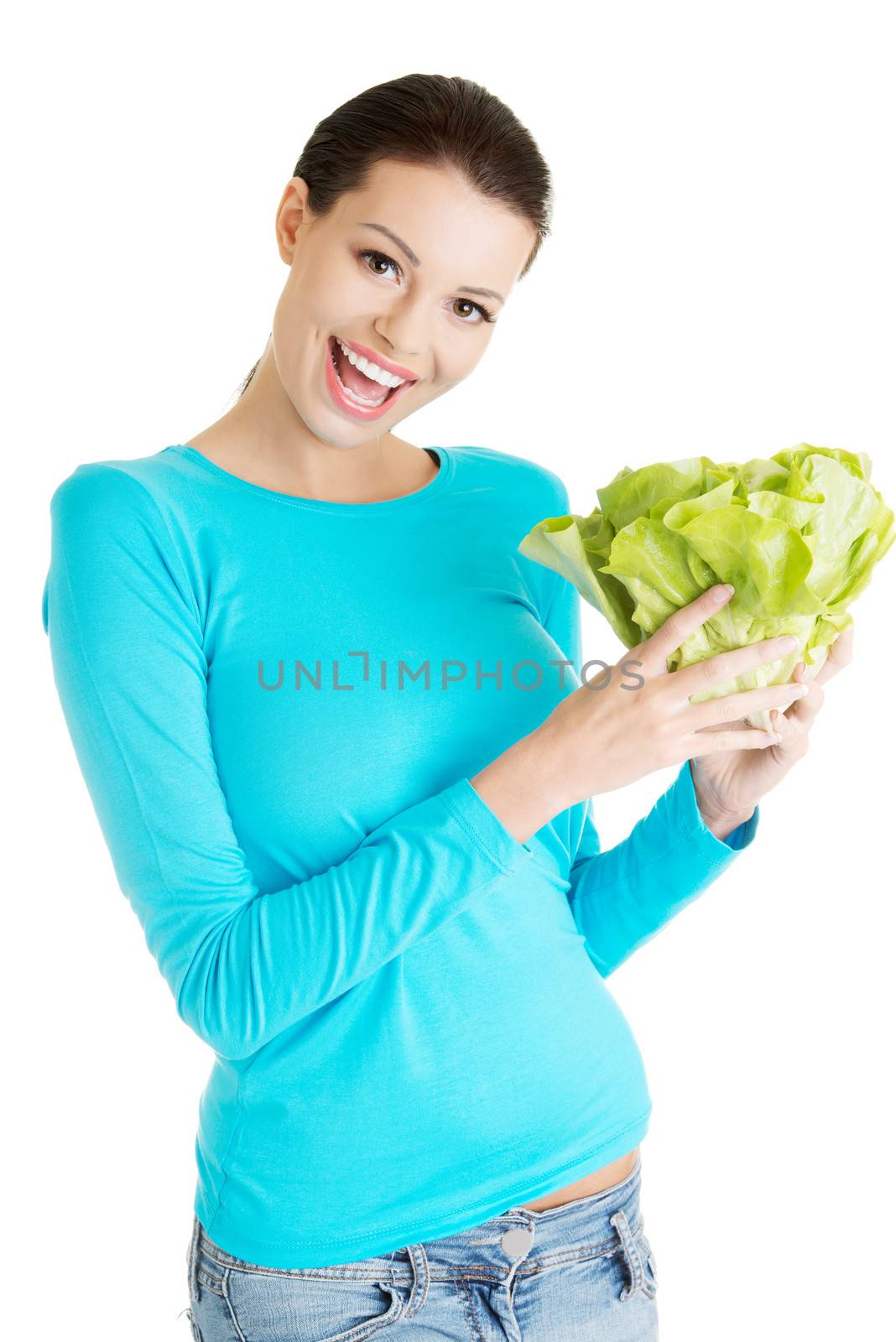 Portrait of attractive caucasian smiling woman with salat, isolated on white