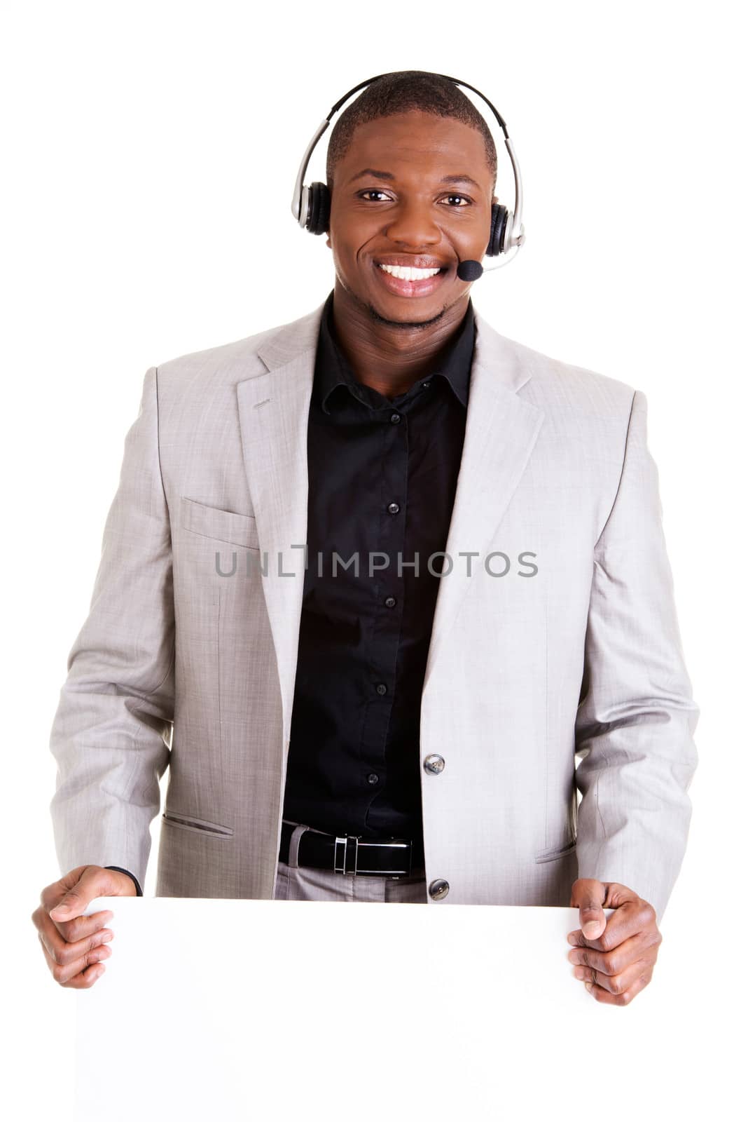 Successful call center worker with blank board, isolated on white