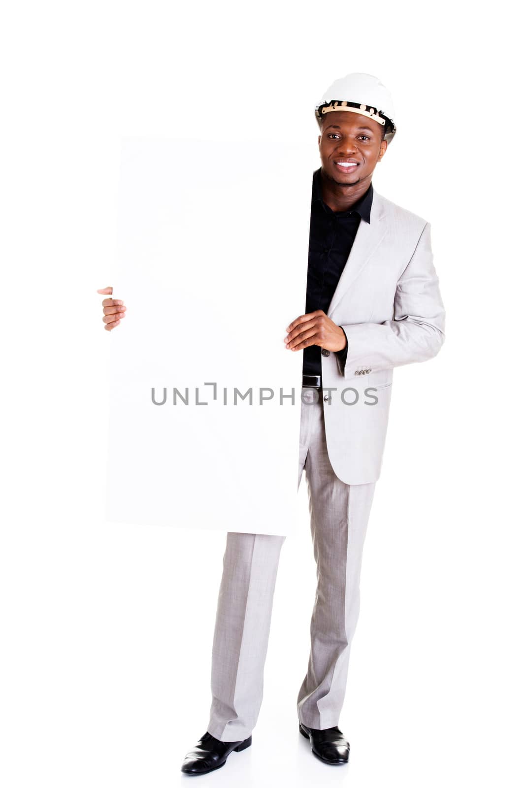 Businessman presenting empty banner. by BDS