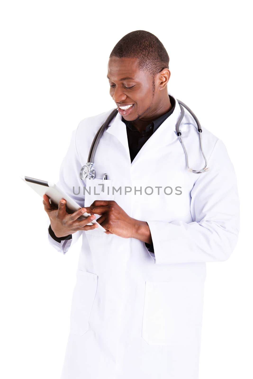 Smiling doctor using a tablet computer by BDS