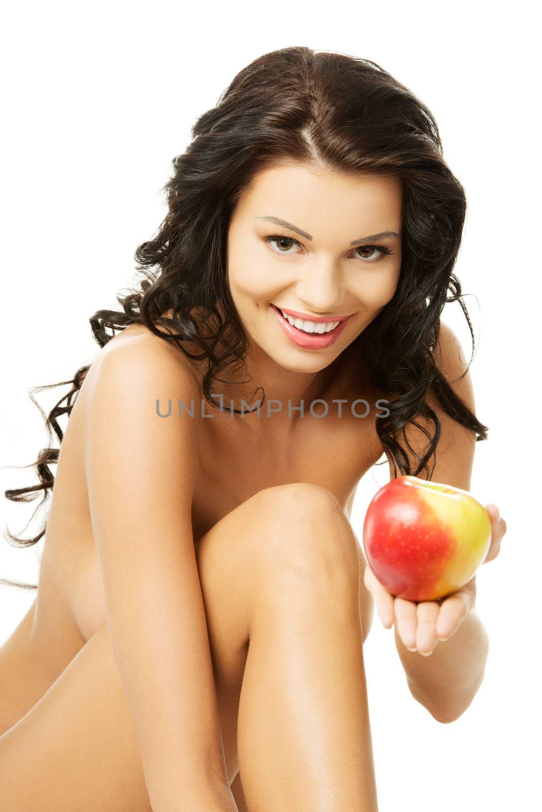 Sexy woman with red apple, isolated on white