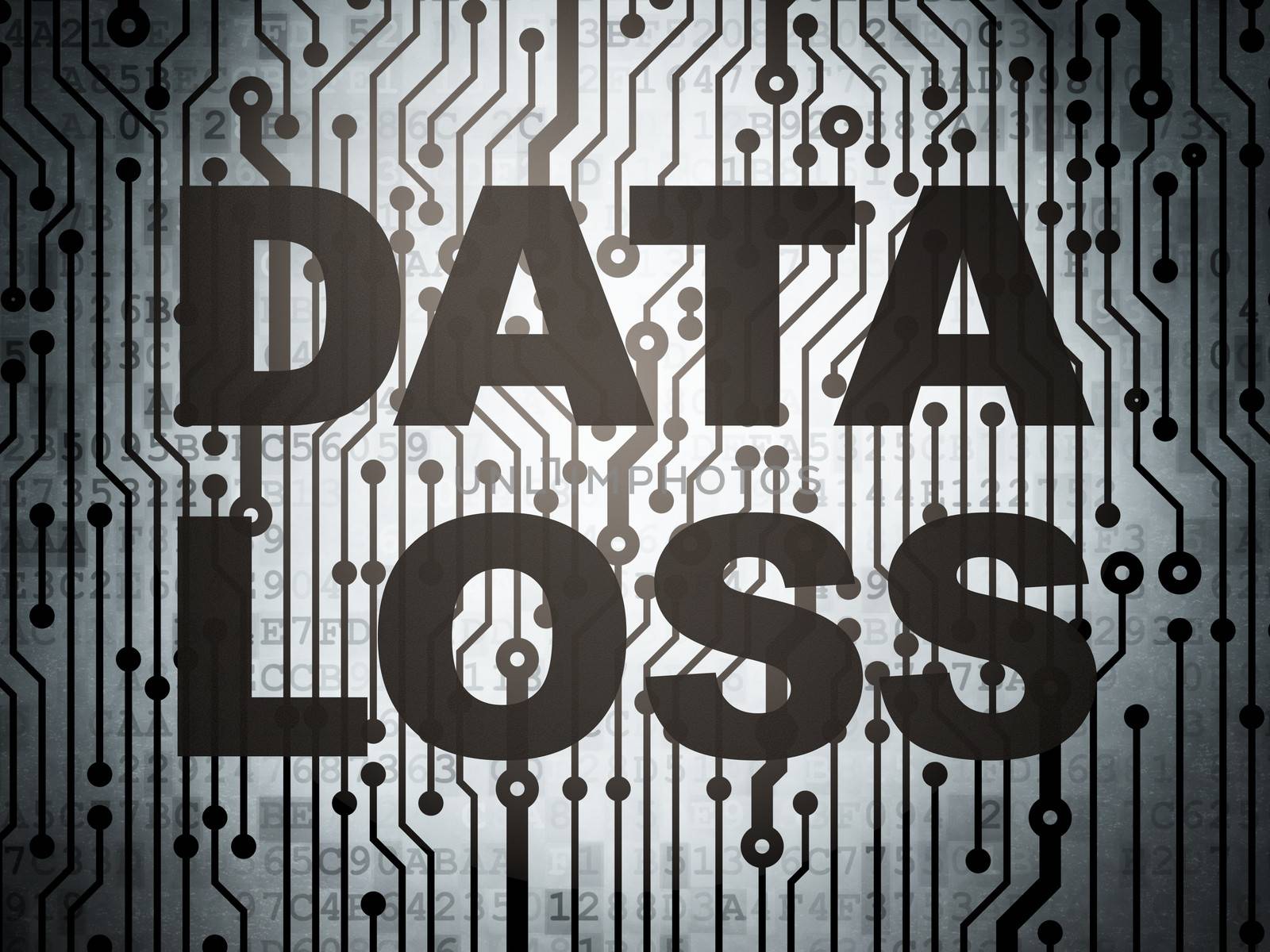 Data concept: circuit board with  word Data Loss, 3d render