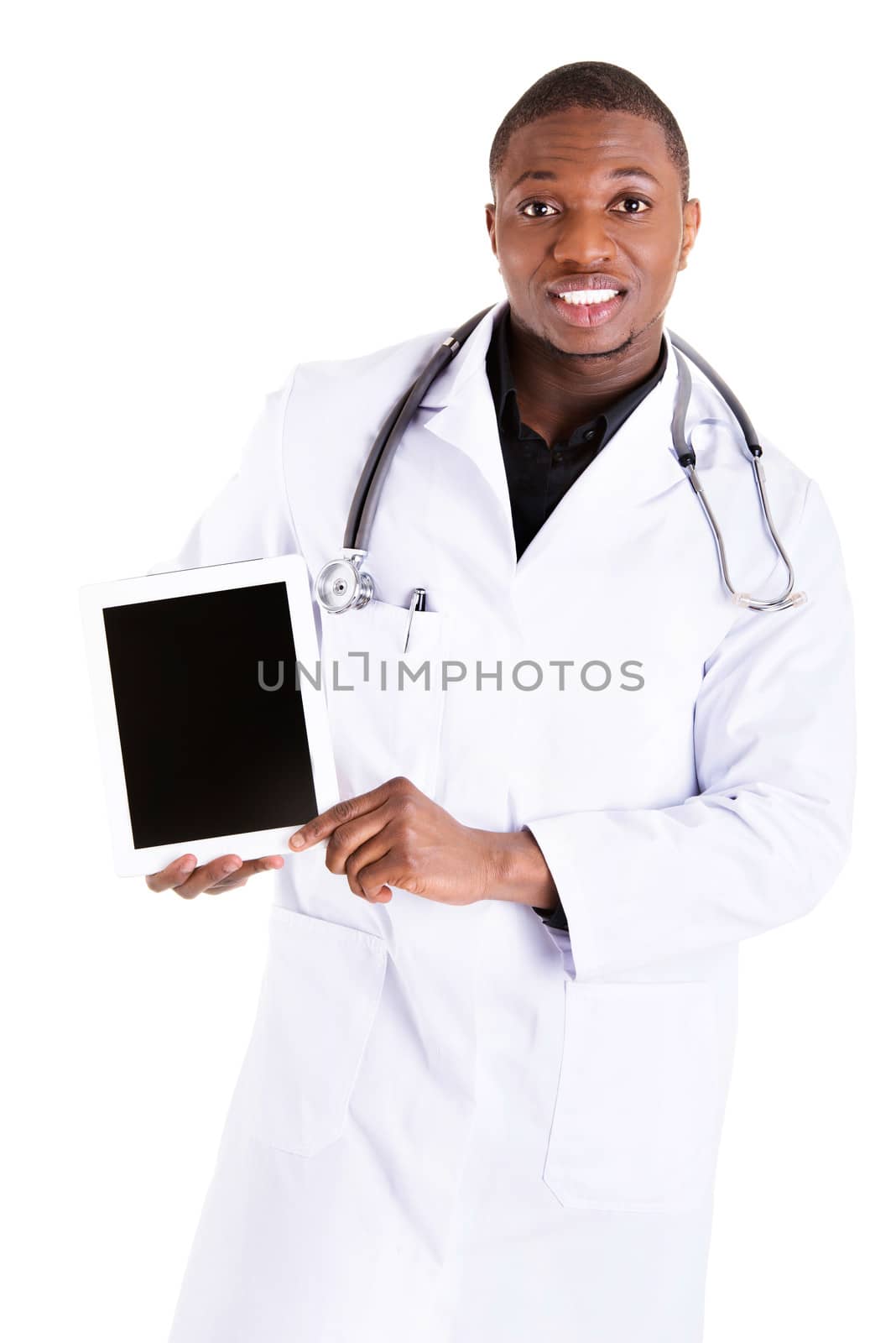 Smiling doctor using a tablet computer isolated on a white background