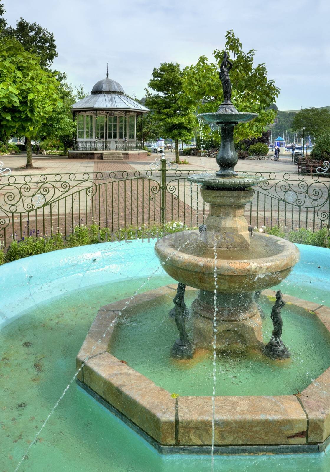 The fountain and bandstand at Dartmouth Park, Devon, England.