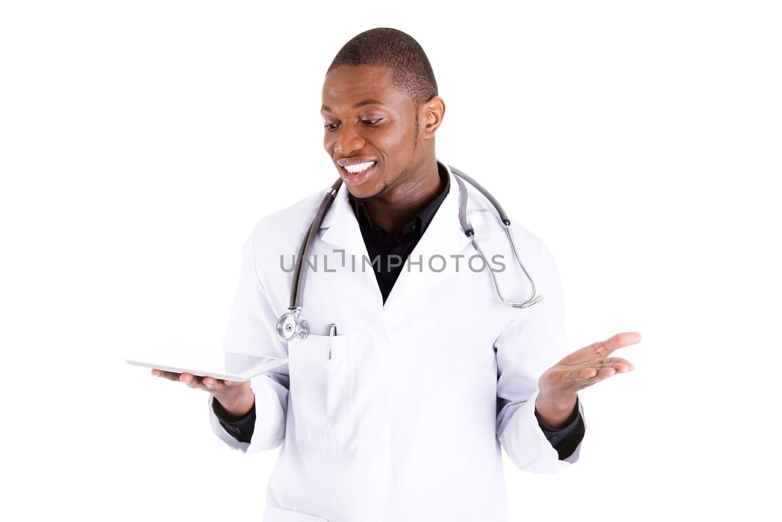 Smiling doctor using a tablet computer isolated on a white background