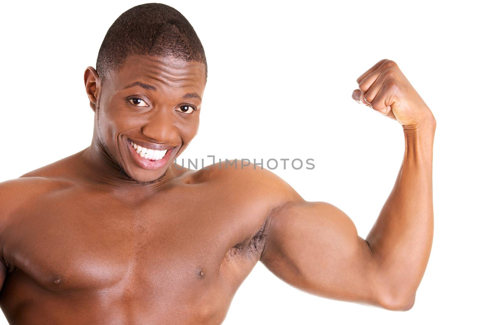 Muscular black man, against white background