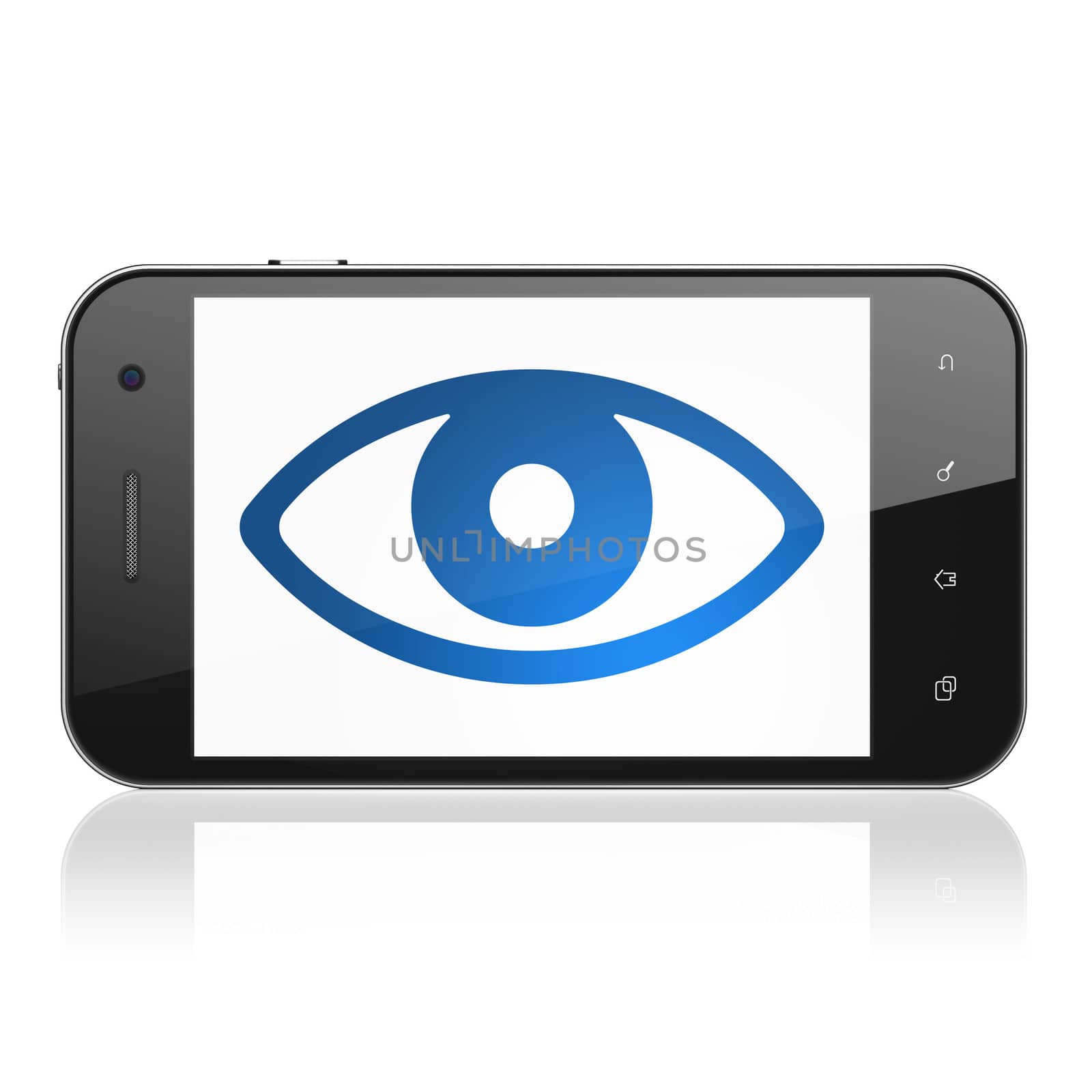 Security concept: smartphone with Eye icon on display. Mobile smart phone on White background, cell phone 3d render