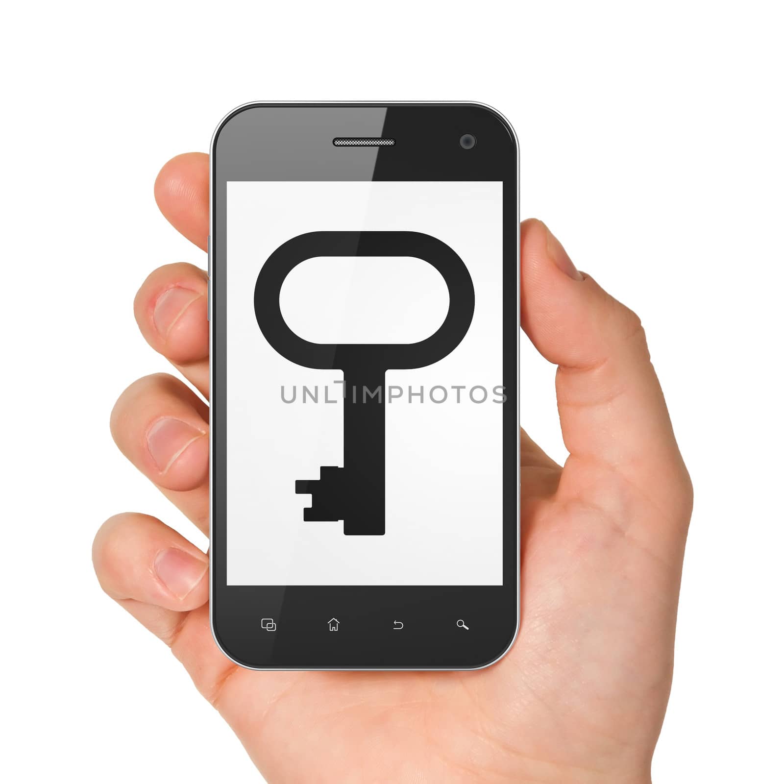 Safety concept: hand holding smartphone with Key on display. Mobile smart phone on White background, 3d render