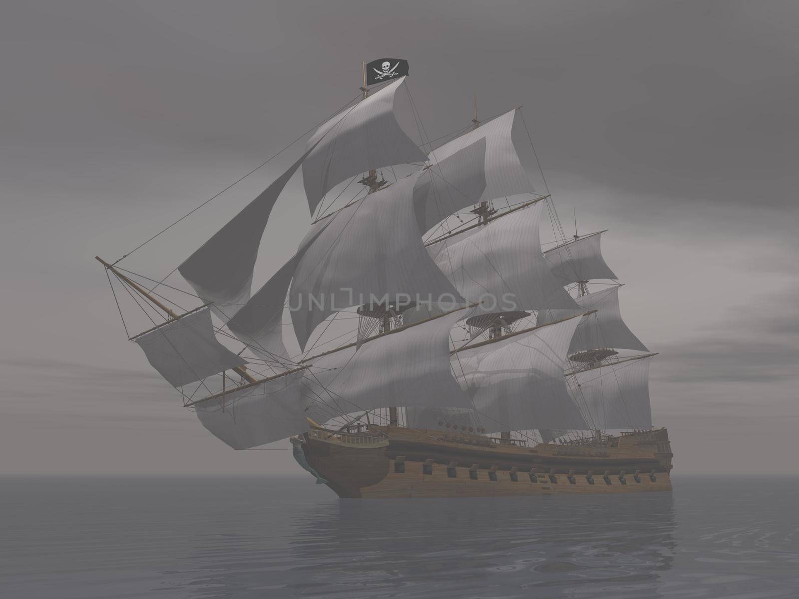 Pirate ship holding black Jolly Roger flag and floating on the ocean by deep foggy night