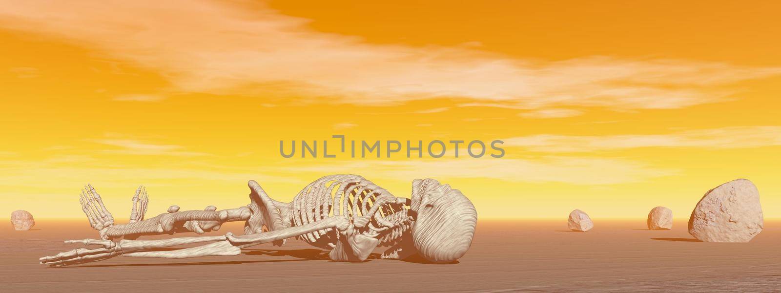 Skeleton lying in the desert next to rocks by hot sunset