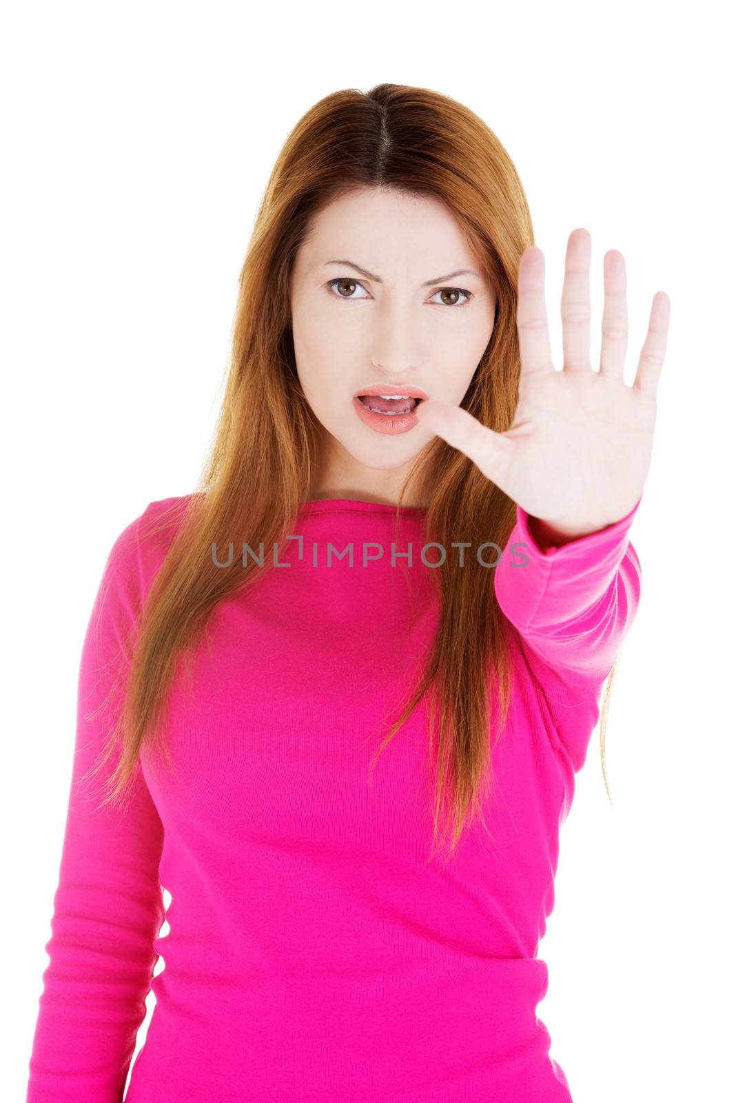 Hold on, Stop gesture showed by woman