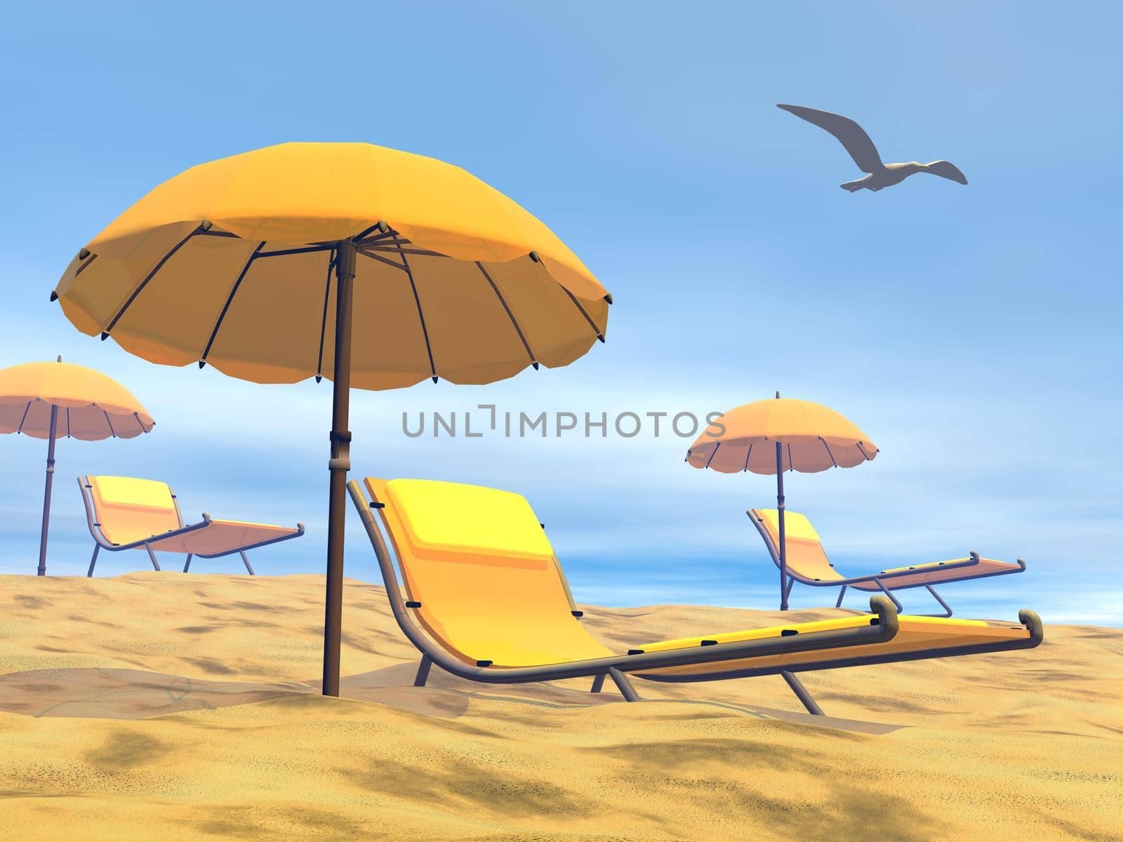 Colorful umbrella next to long chair at the beach by beautiful hot day