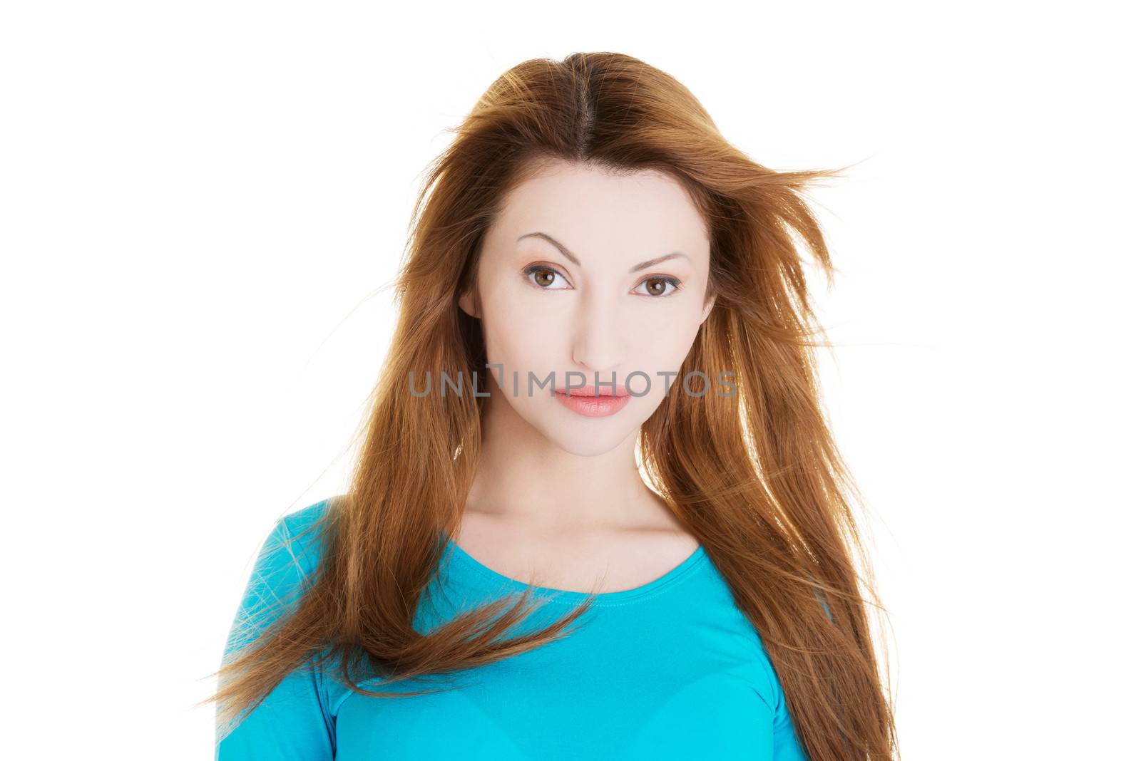 Portrait of happy adult woman over white background