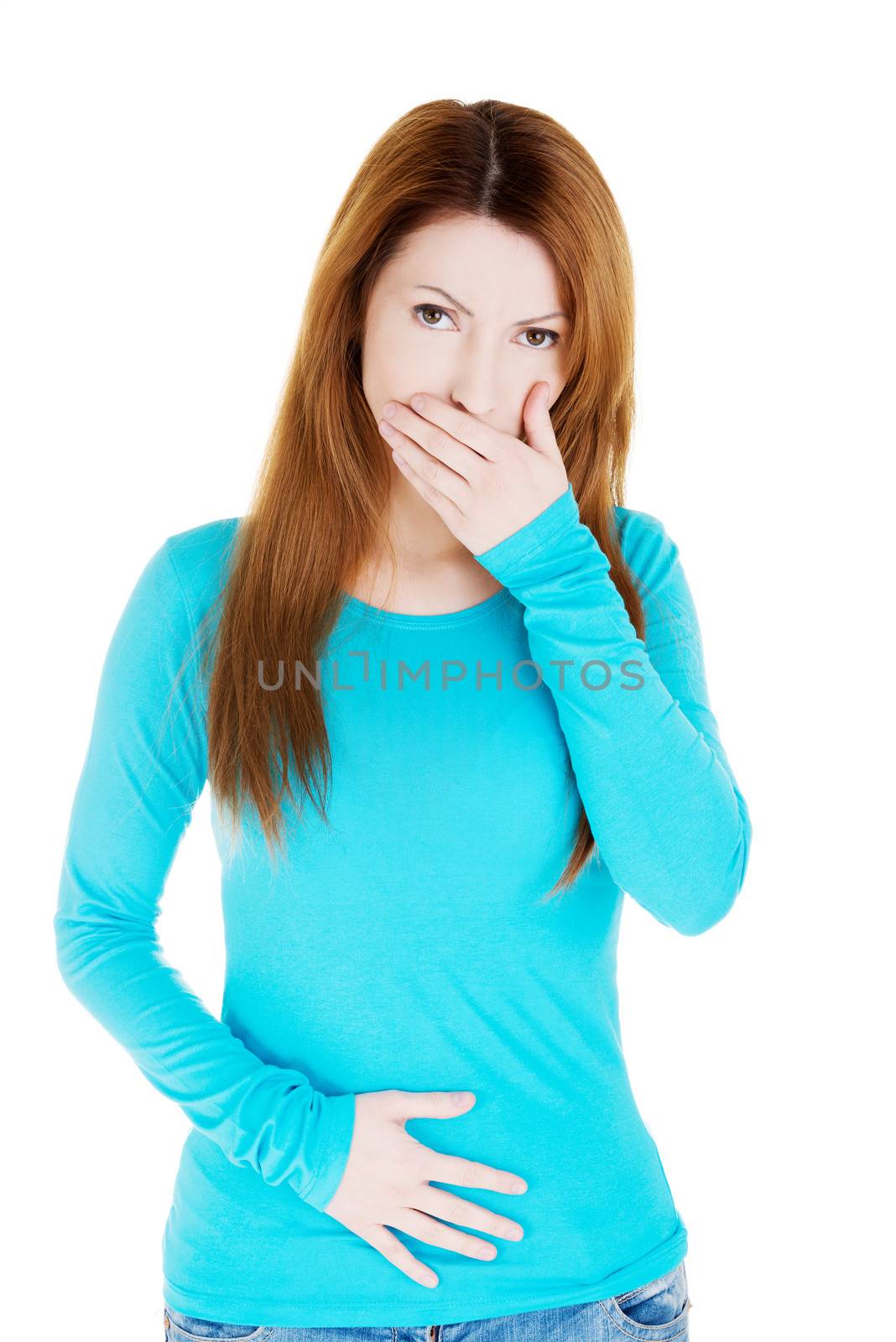 Woman with strong pain of stomach and nausea , isolated on white