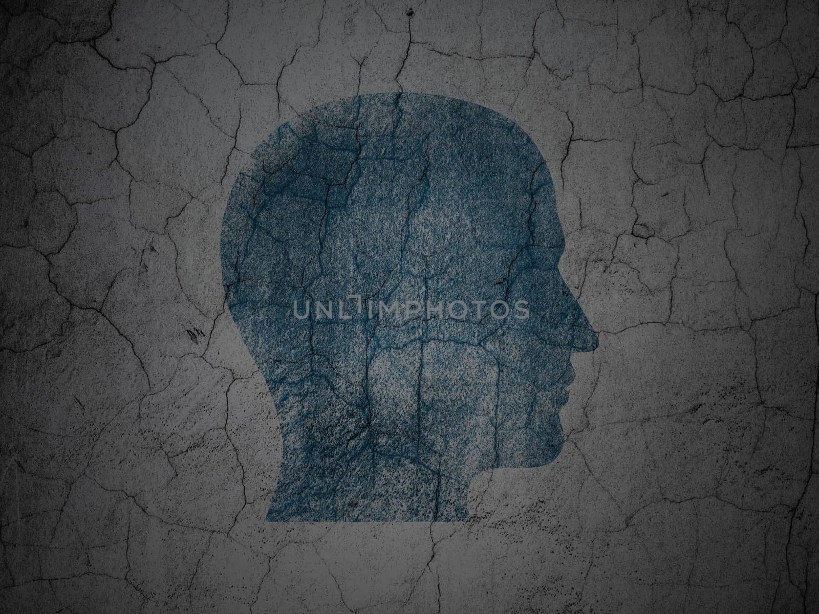 Business concept: Blue Head on grunge textured concrete wall background, 3d render