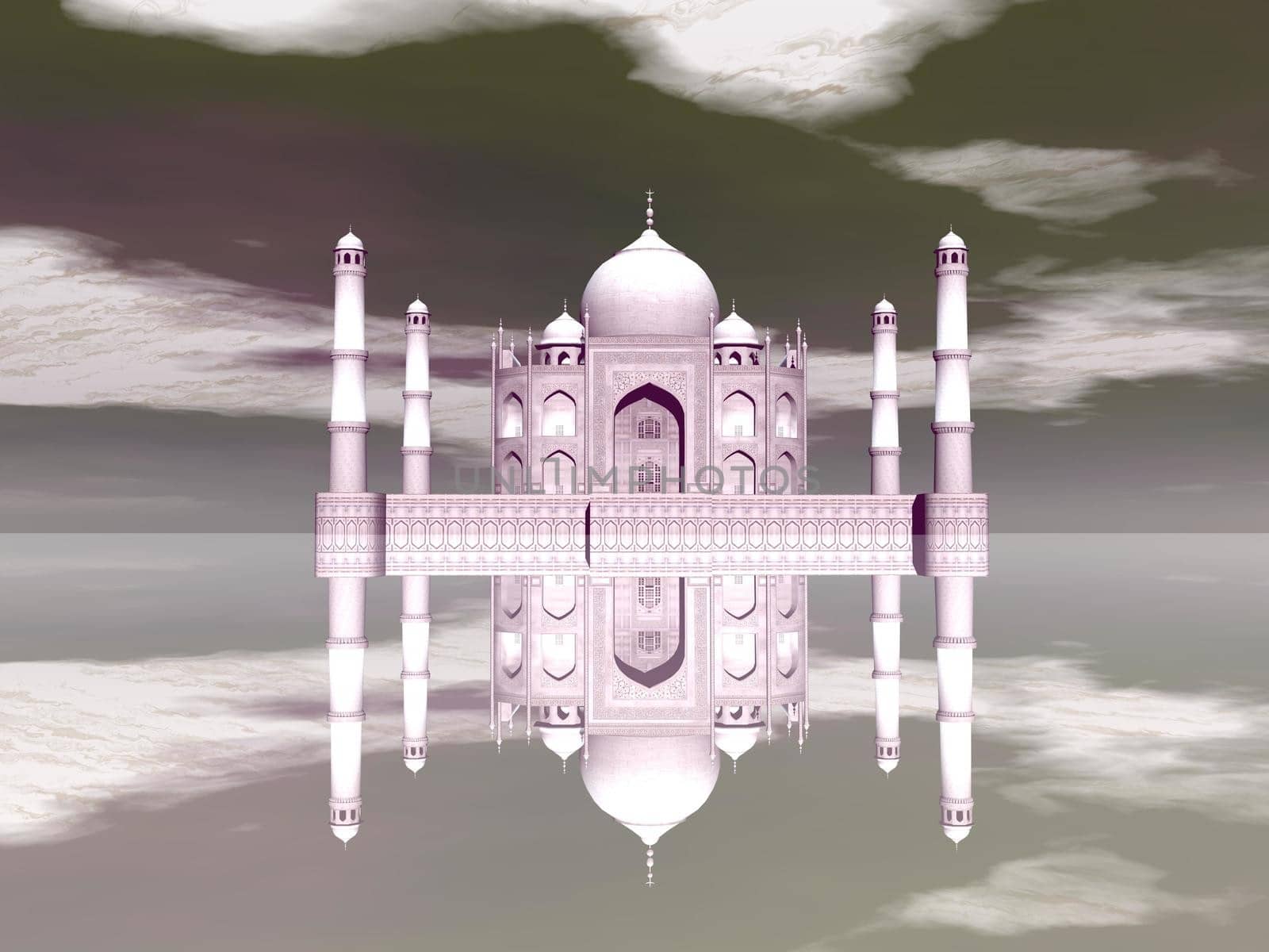 Famous Taj Mahal mausoleum and its mirror reflection by day, Agra, India