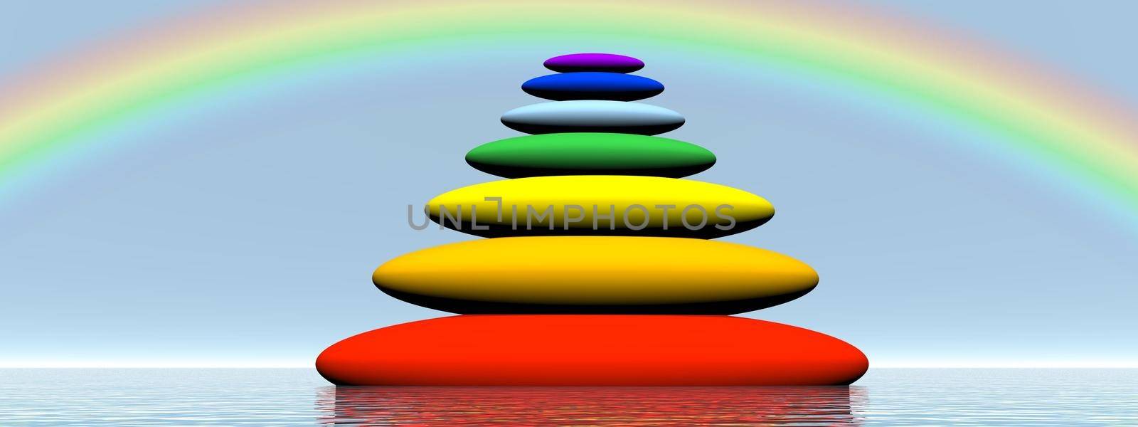 Seven stones with chakra colors in balance upon the water under rainbow