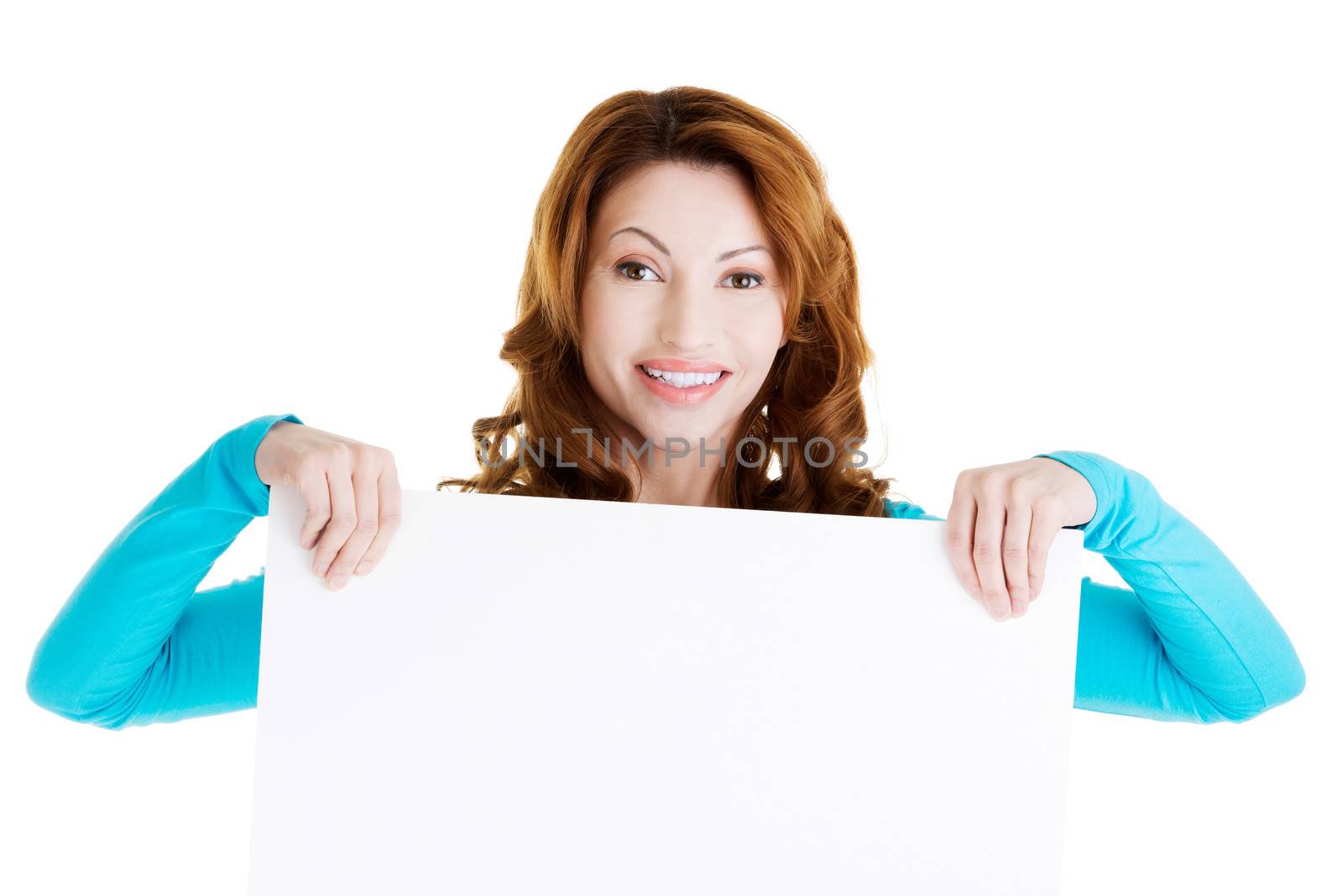 Portrait of happy woman with blank board , isolated on white