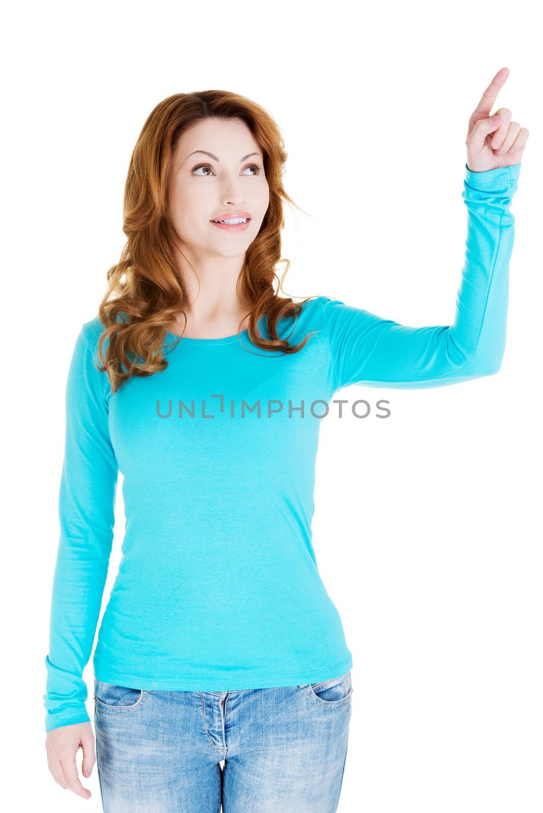 Beautiful woman making choose on abstract screen by BDS