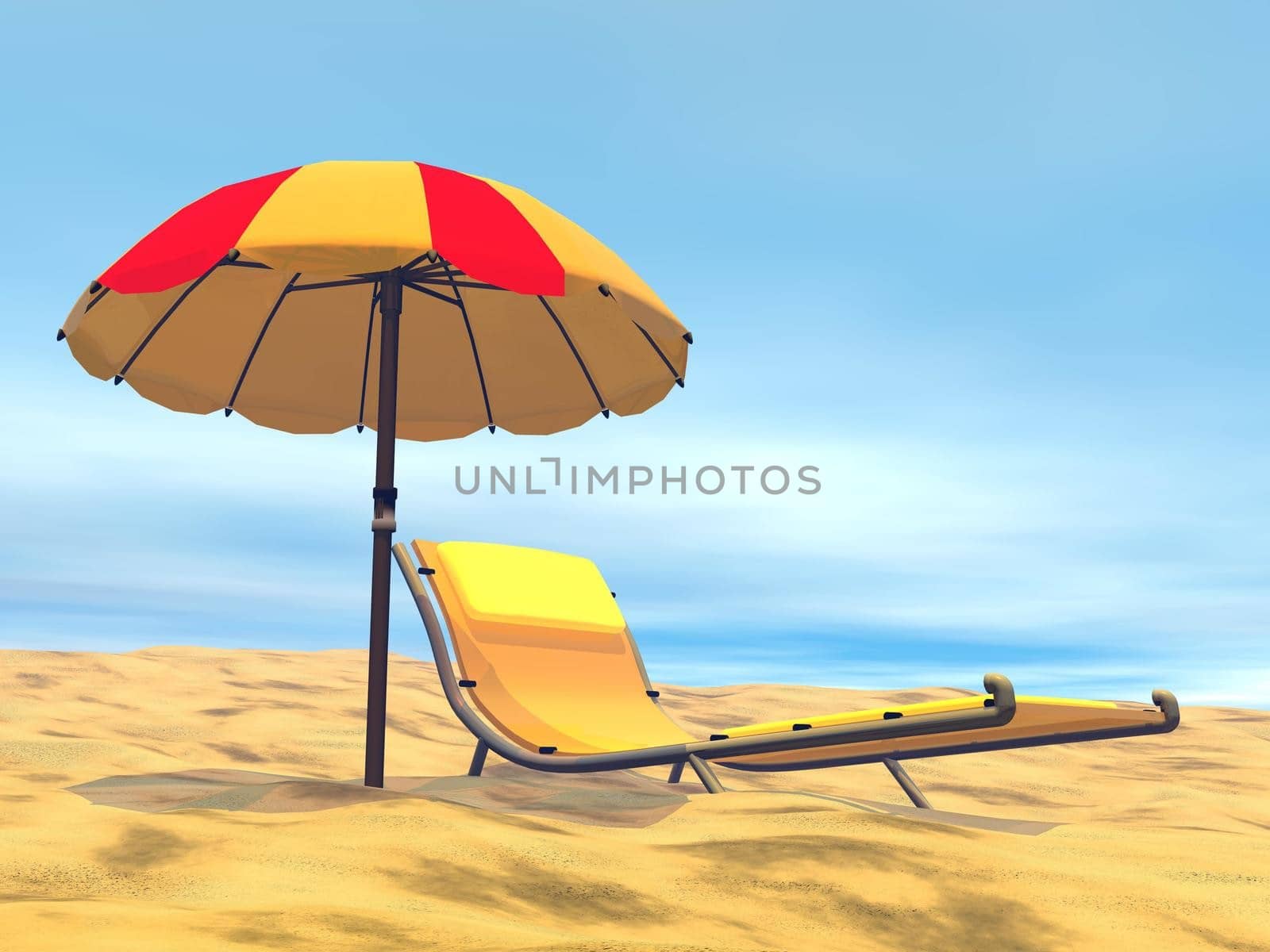 Colorful umbrella next to long chair at the beach by beautiful hot day