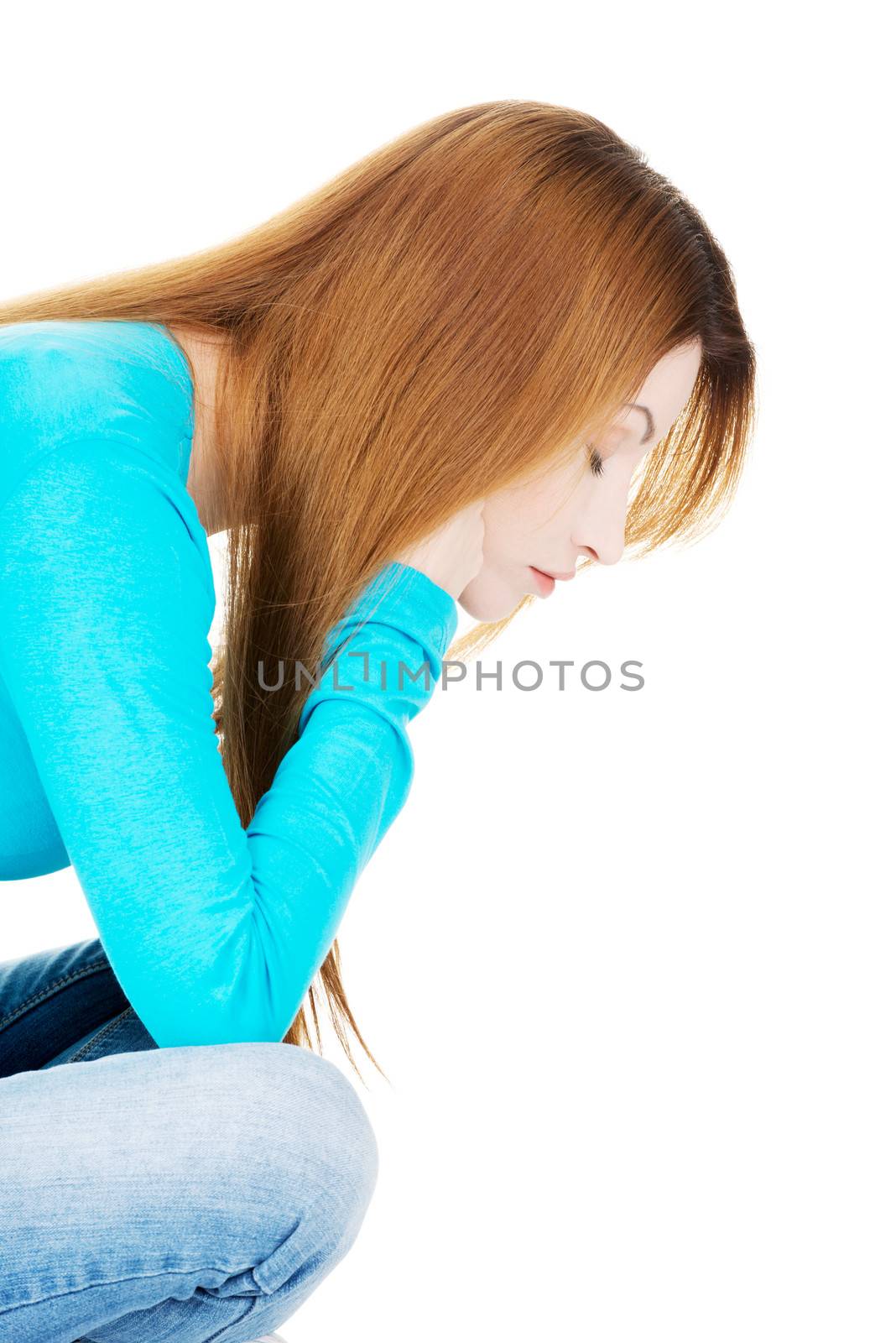 Sad depressed woman portrait, over white background