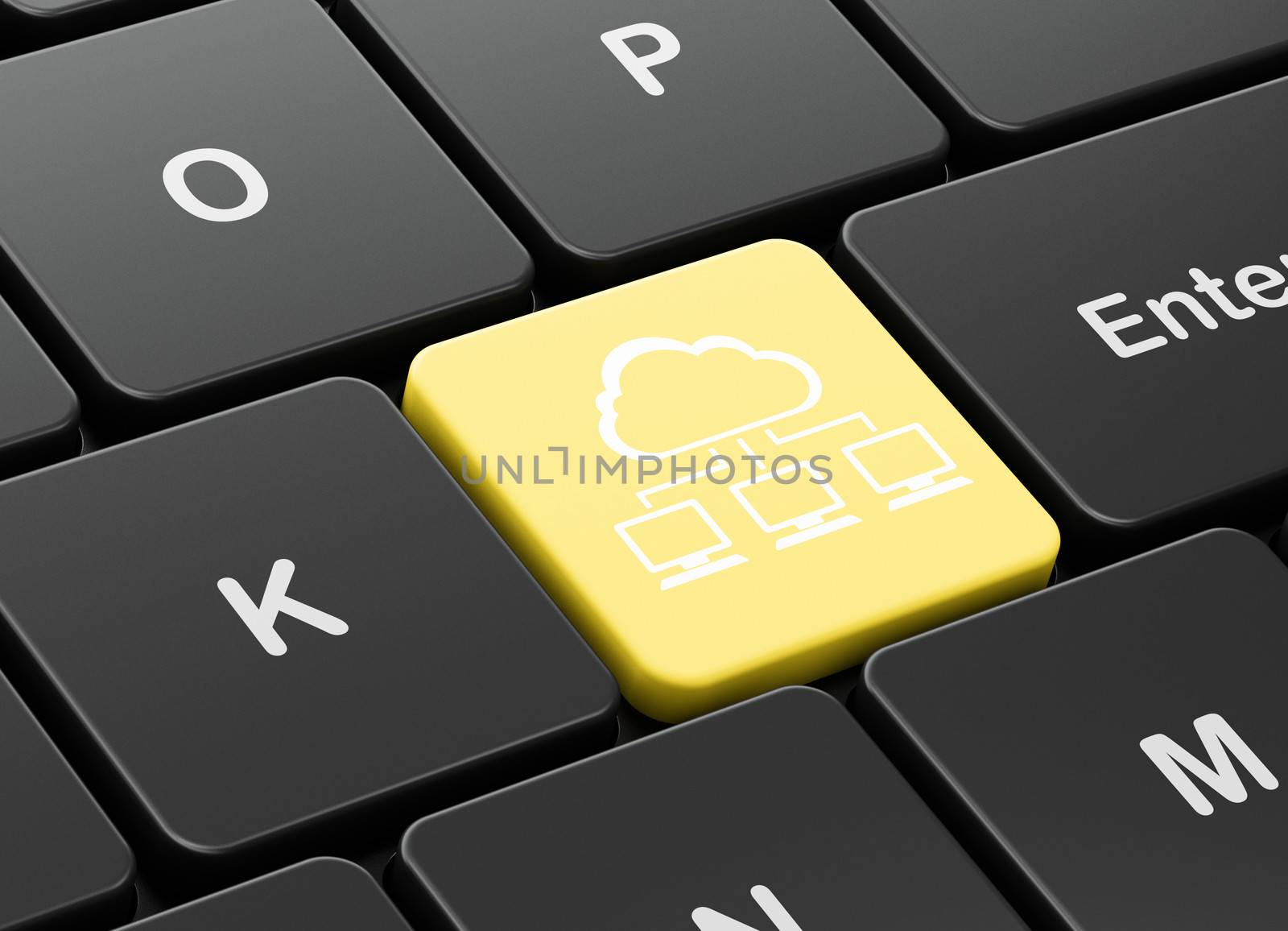 Cloud networking concept: computer keyboard with Cloud Network icon on enter button background, 3d render