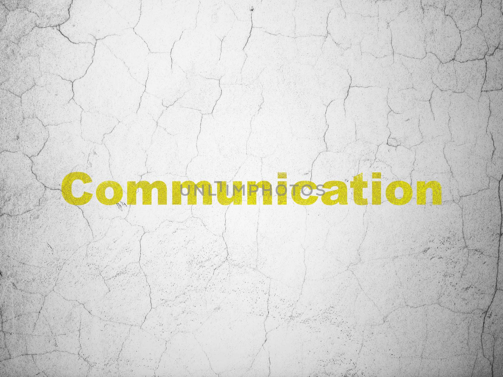 Marketing concept: Yellow Communication on textured concrete wall background, 3d render