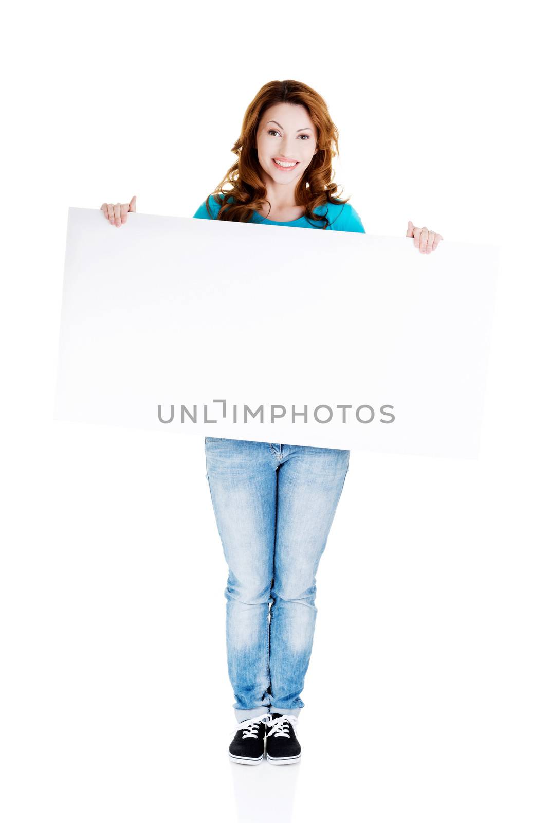 Portrait of happy woman with blank board , isolated on white