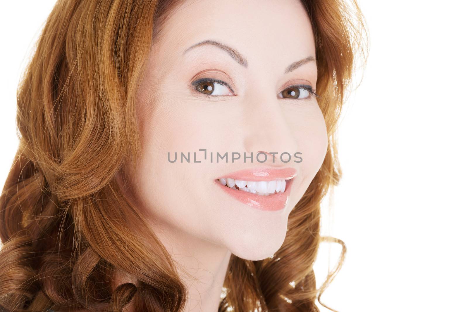 Portrait of happy adult woman over white background