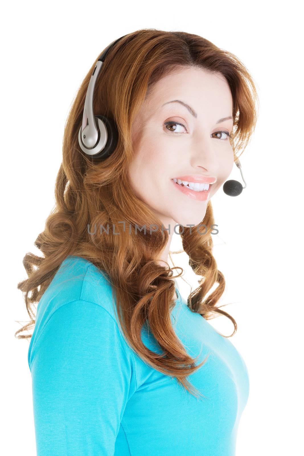 Attractive adult woman with headphones, isolated on white