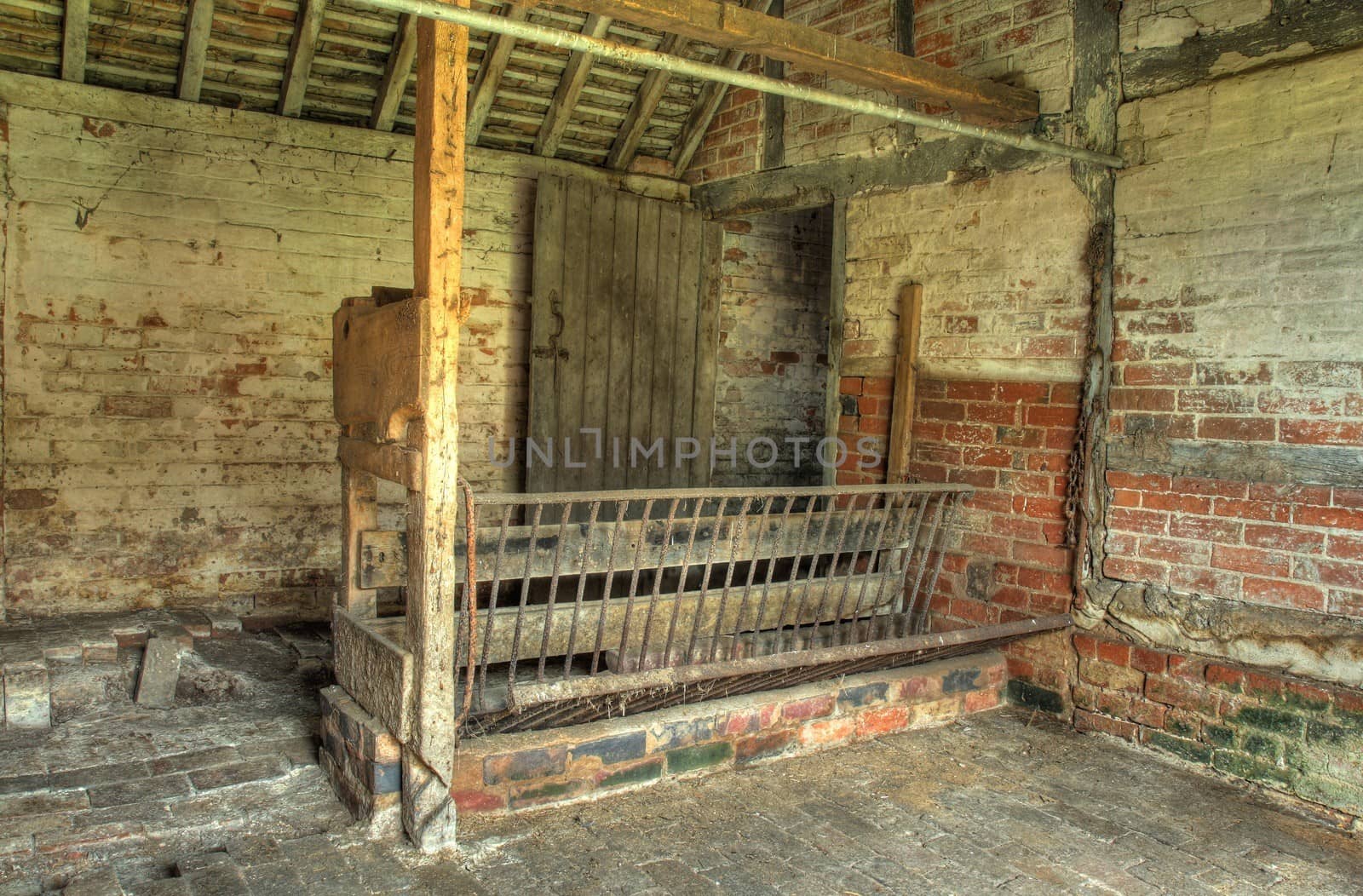 Interior view of old farm stable, Worcestershire, England.